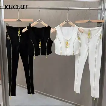 KUCLUT Fashion New Items Round Neck Sleeveless Multi-Zipper Design Short Vest Slim Fit Leggings Two-pieces Set For Women 1A2735 1