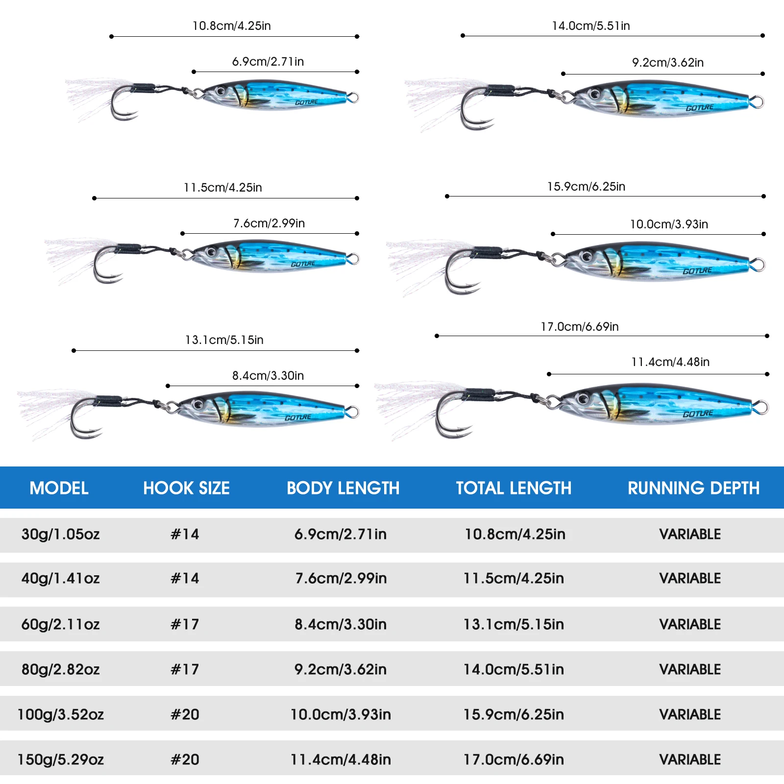 Goture Metal Sinking Bait 30g 60g 80g 100g 150g Large Vertical Metal Jigs Deep Sea Fishing Lure Saltwater Jigging Lure Hard Bait