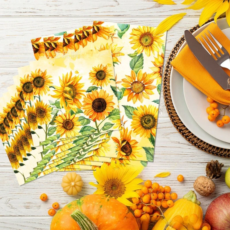 20pcs/Pac 30.2*40.6cm 2-Ply Sunflower Sunflower Long Tissue Paper Party Holiday Disposable Paper Placemat Party Decoration