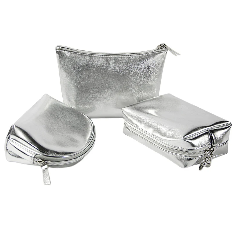 

Soft Leather Silver Women Fashion Cosmetic Bag Silver Large Capacity Girl Cosmetic Storage Bag Waterproof Makeup Bag Travel