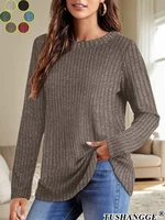 2024 Autumn Women Round Neck Long Sleeved Pit Stripe Pullovers Solid Color Lightweight Ladies Sweaters Comfortable Woman Clothes