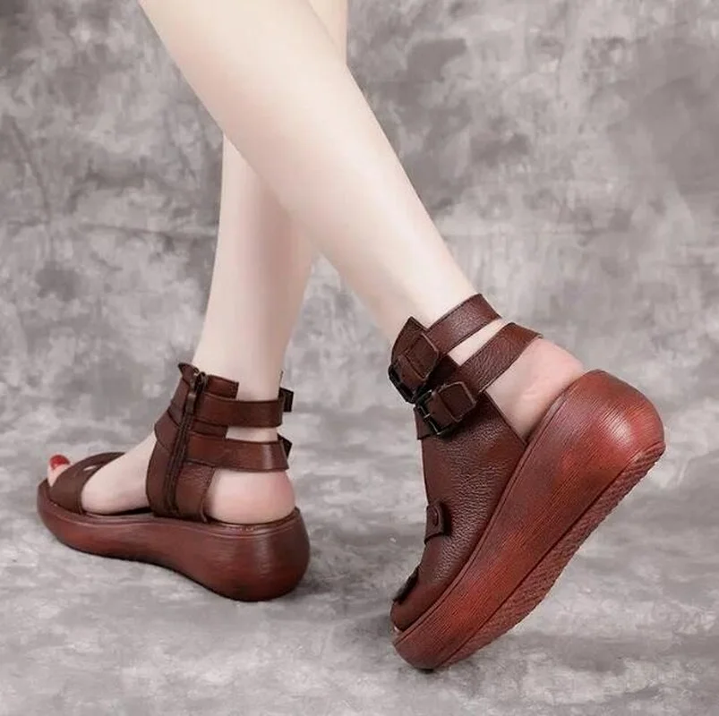 Women Summer Sandals Mid Heels Wedges Shoes Ladies Vintage Leather Plus Size 40