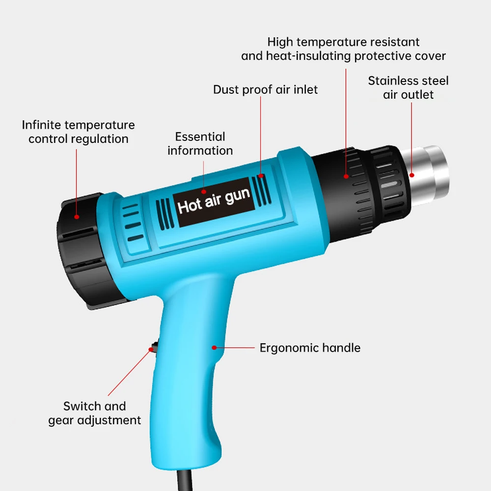 220V Hot Air Gun 2000W Stepless Temperature Adjustment Electric Hot Air Gun Heating Element Hot Film Power Tool for Automotive 4
