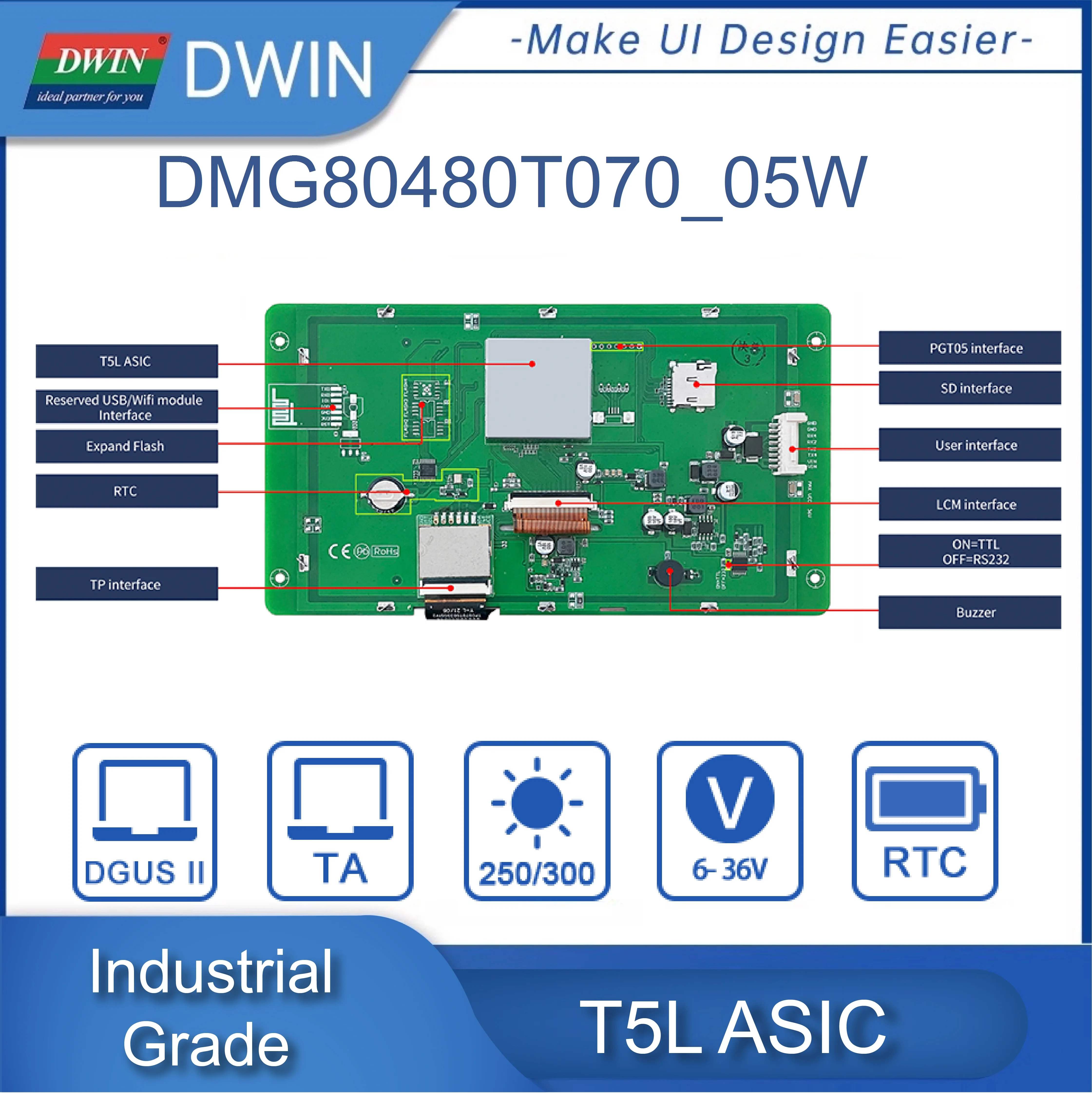 DWIN   ġ LCD ÷ ȭ , TTL RS232 UART  HMI, Arduino ESP32, 7 ġ, 800x480/1024x600