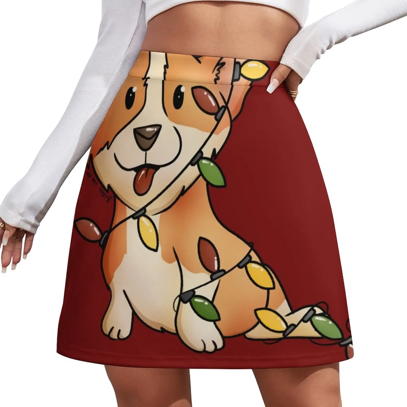 Our Little Cute Corgi Tangled in Christmas Lights On a Cheery Red Mini Skirt womens skirts Women clothing christmas lights led fairy lights