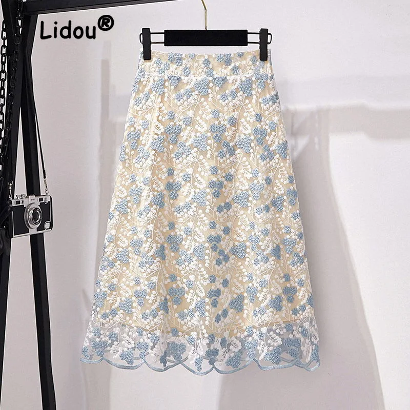 Fashion Floral Heavy Industry Embroidery Lace Skirt Women High Quality Slim Office Lady Classic A-word Large Swing Skirt