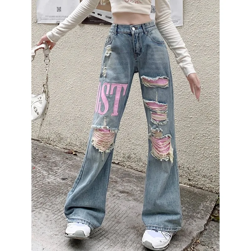 QWEEK Trashy Y2k Ripped Jeans Women Baggy Streetwear Baddies Denim Pants Embroidery Korean Style Punk Trousers 2000s Aesthetic