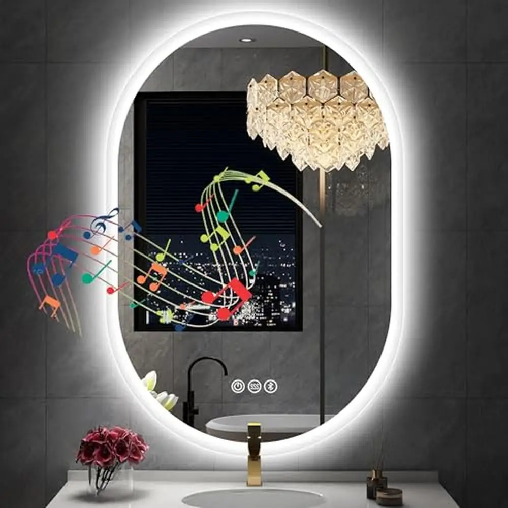 36 x 24 Oval LED Bathroom Mirror Bluetooth Speaker Wall Mount Anti-Fog Dimmable Waterproof Vanity Mirror Lighted with