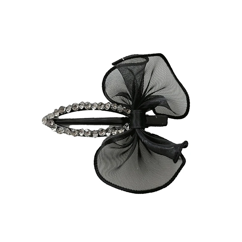 1 Stück High-End-Gefühl Mesh Schleife Entenschnabel Clip modische Kristall Haarspange schwarz stilvolle Pony Clip seitliche Haarnadel – Detail 4