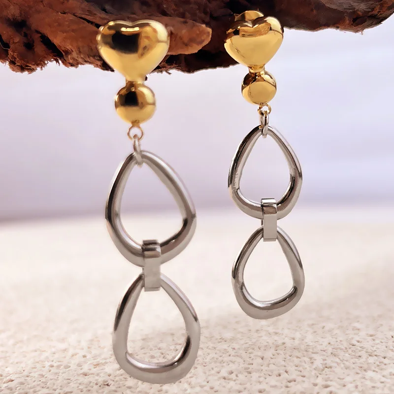 Exquisite Chain Long Dangle Earrings Two-tone Stainless Steel PVD 18K Gold Plated Multi Layer Circular Ring Love Heart Earring