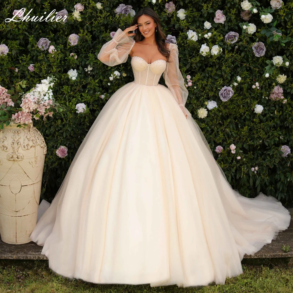 

Lhuillier Elegant Ball Gown Strapless Tulle Wedding Dresses Floor Length Beaded Bridal Dress with Chapel Train