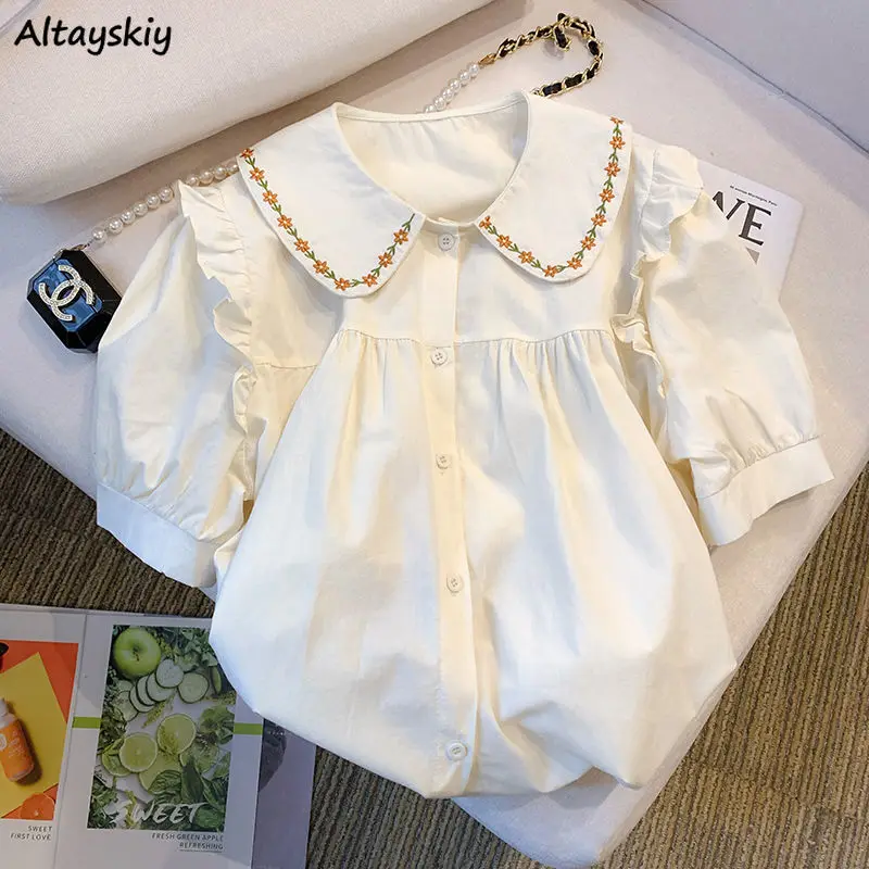 

Summer Shirts Women Delicate Peter Pan Collar Gentle Short-sleeve Sweet Ruffles Designed Chic Embroidery Preppy Style Harajuku