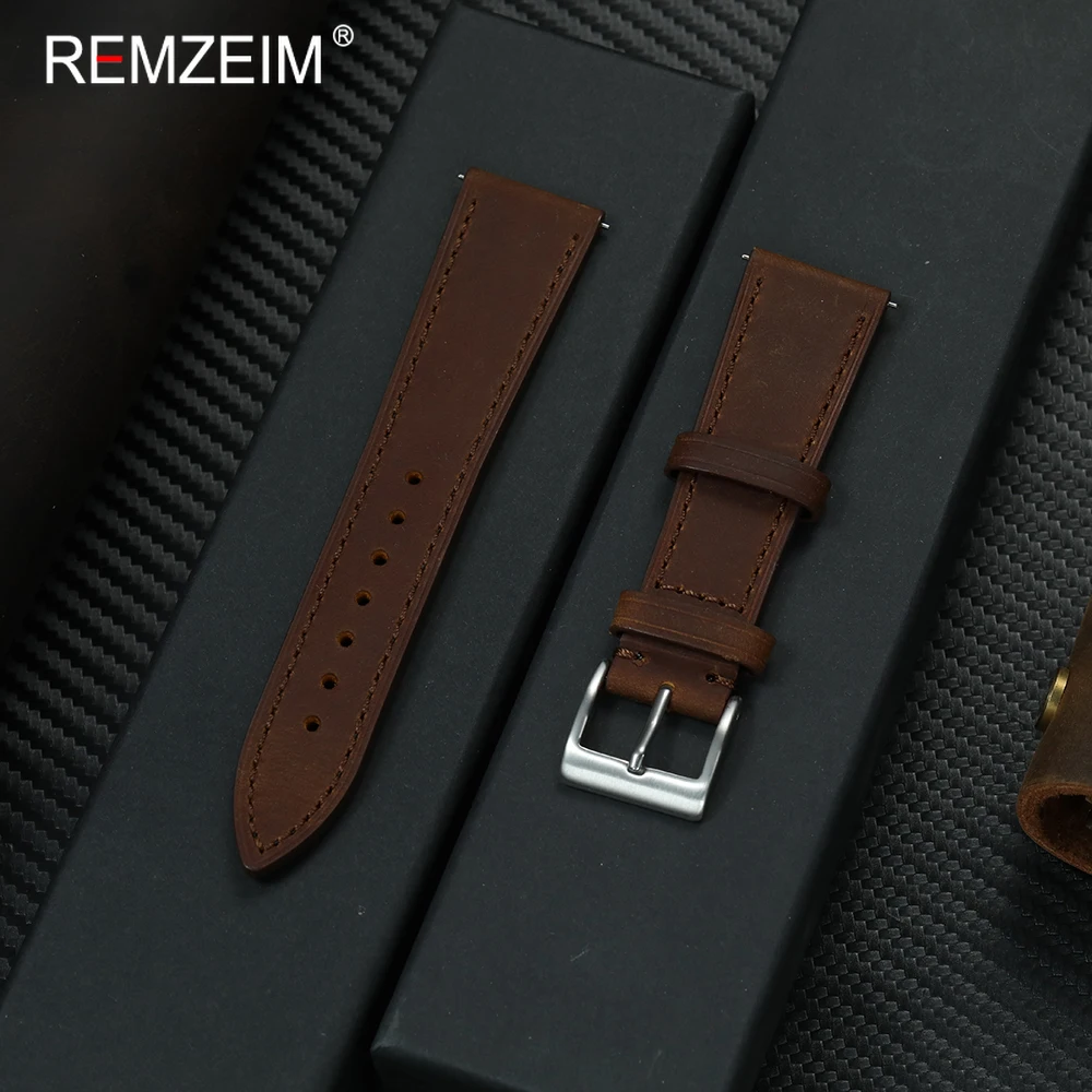 Men's Soft Durable Quick Release Crazy Horse Leather Watch Strap