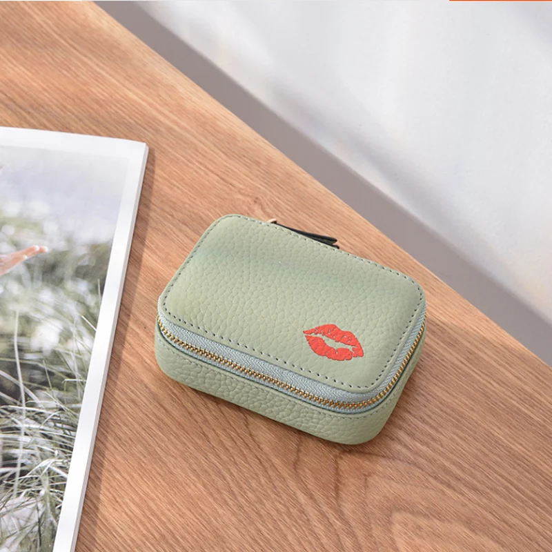 Women's Mini lipstick cow leather small mirror box cow leather cosmetic bag data cable earphone storage bag jewelry box