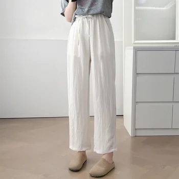 2026 Summer Plus Size Linen Straight Ankle Length Pants Elastic Waist Casual Trousers Curvy Ladies 112