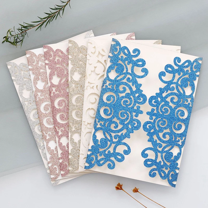 50Pcs Glitter Paper Lace Wedding Invitations Laser Cut Greeting Card Envelope Bridal Shower Invitation Card Birthday Party Decor