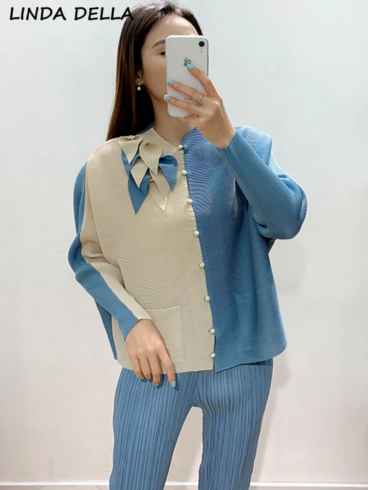 

LINDA DELLA Summer Fashion Designer Vintage Hit Color Shirt Coat Women's Stand Collar Button Appliques Pockets Loose Shirt Coat