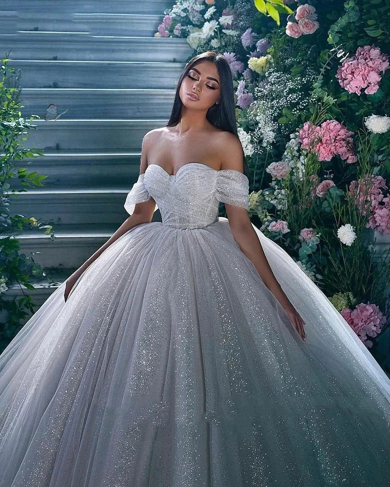 Bohemian Wedding Dresses Women\'s Sexy Off Shoulder Shiny Tulle Princess A-Line Bridal Gowns Robe Vestido De Noiva Mariée 2023 فس