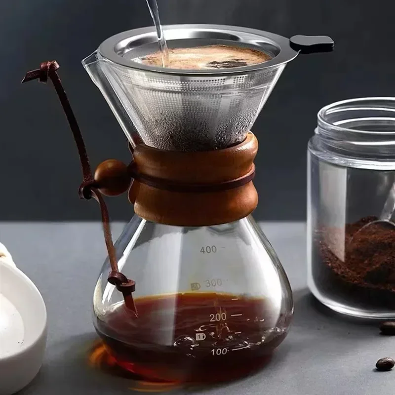 Pour Over 800ML/600ML/400ML Coffee Maker Reusable Stainless Steel Permanent Filter Manual Coffee Dripper with Real Wood Sleeve coffee maker pour over coffee maker