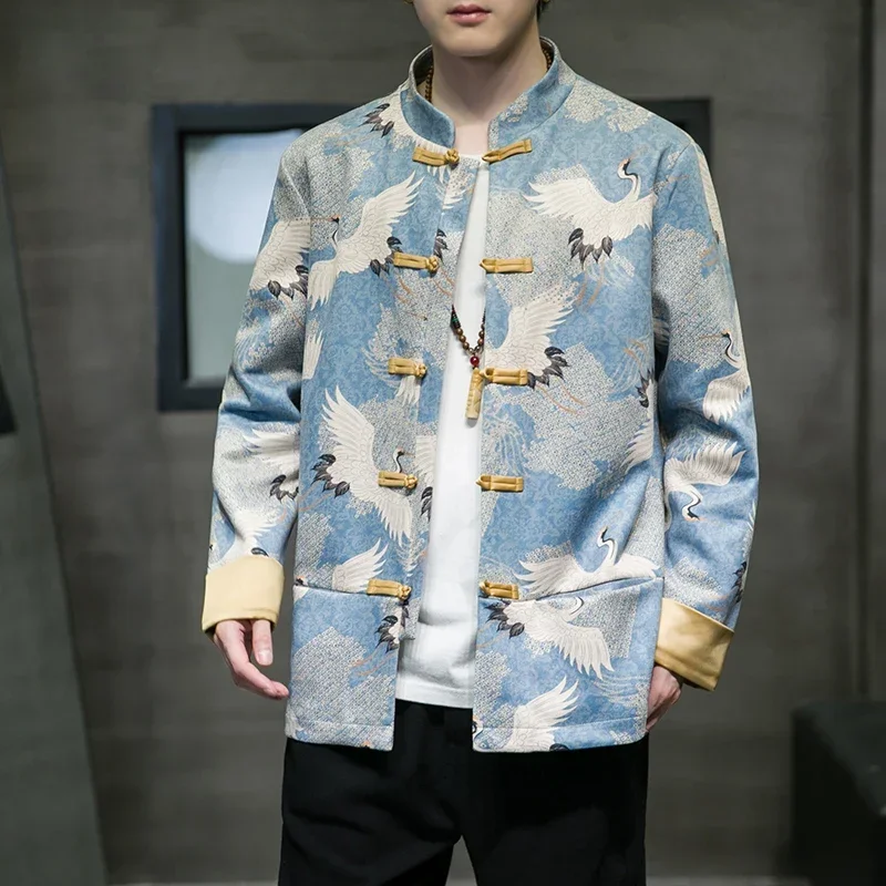 Chinese Style Men's Jacket Suede Fabric Long Sleeve Stand Collar Embroidered Buckle Tang Suit Improved Hanfu Autumn Coat Clothes