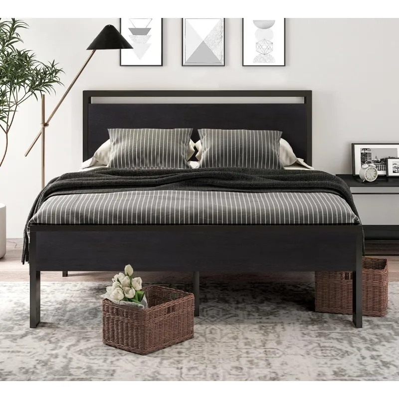 14 Inch Queen Size Metal Platform Bed Frame with Wooden Headboard and Footboard, Mattress Foundation, No Box Spring Needed,