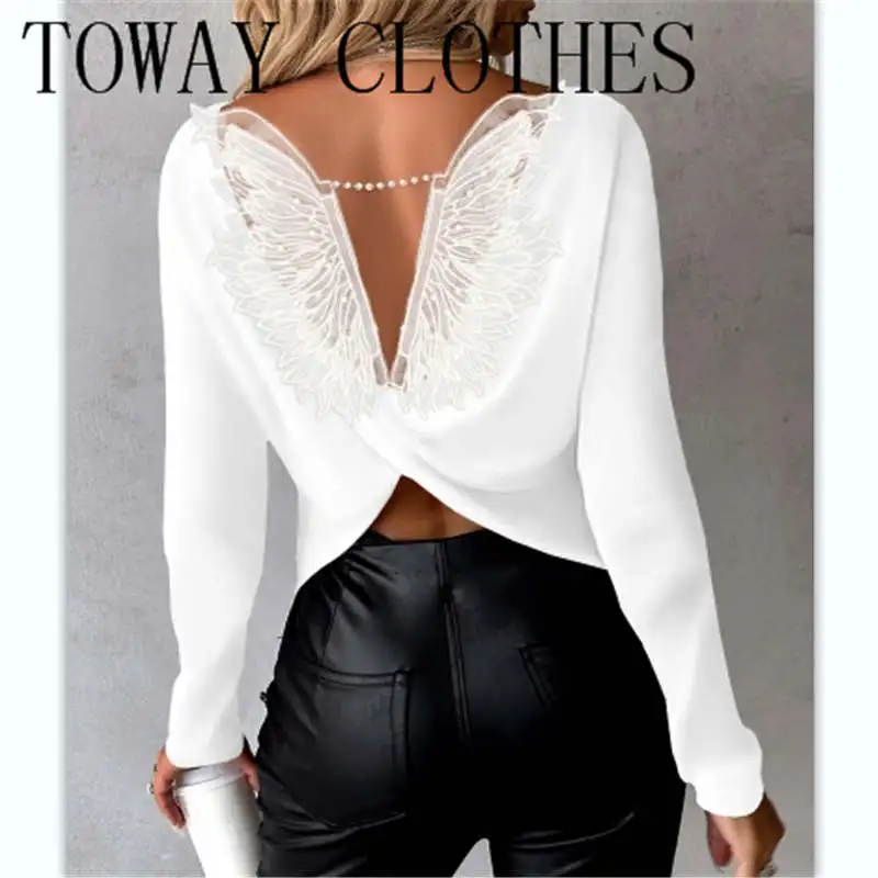 

Женская Кружевная футболка с открытой спиной, длинным рукавом и круглым вырезом