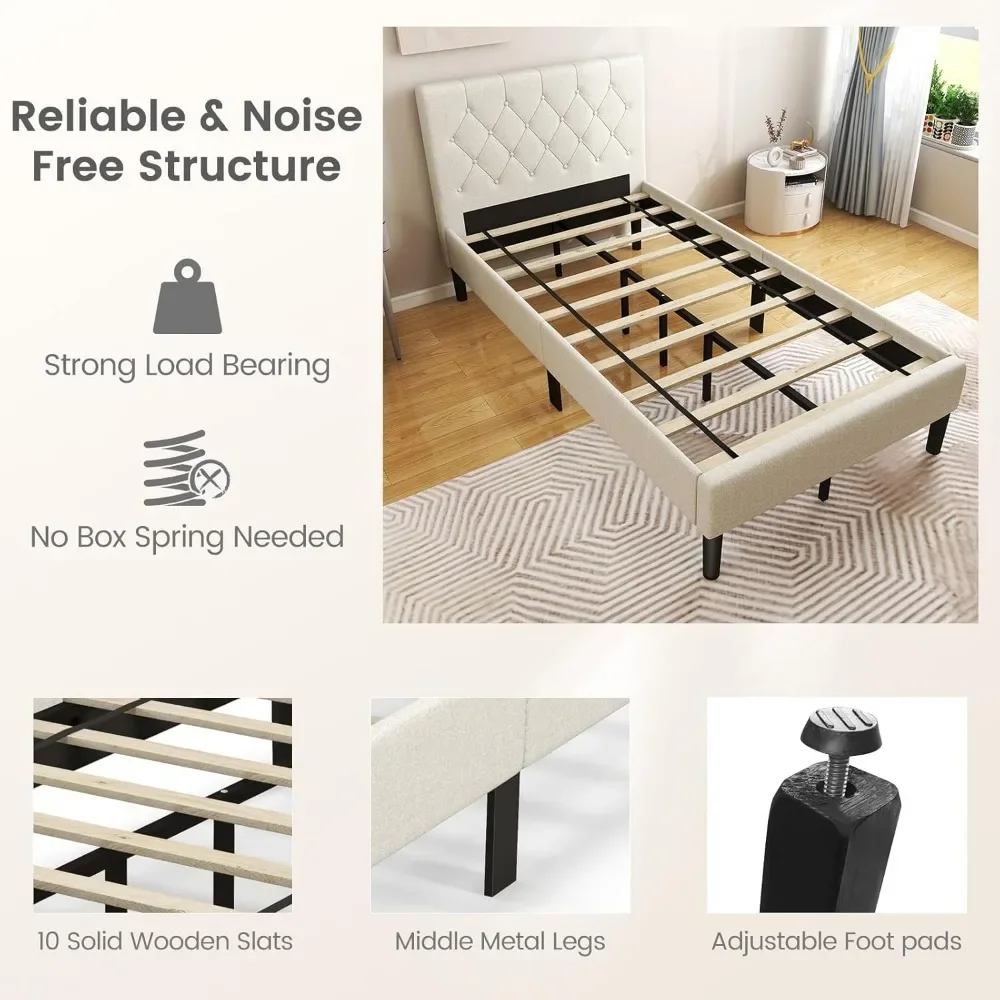 Twin Bed Frames for Kids, Modern Upholstered Platform Bed with Button Tufted Headboard, Wooden Slats Support Mattress 4