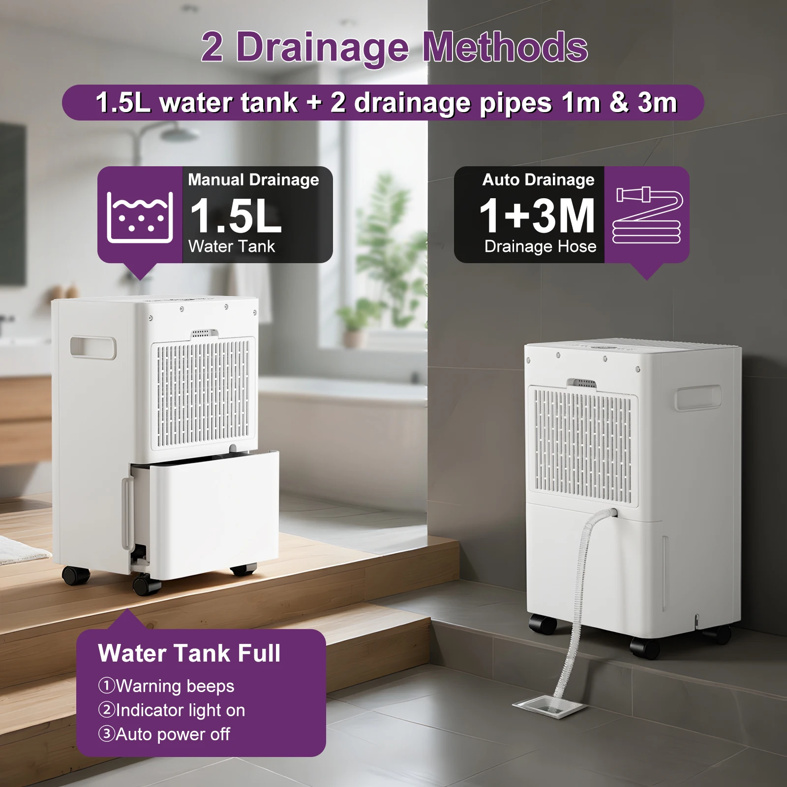 Déshumidificateur LOEFME 10L avec capteur d'humidité automatique, minuterie 24H, 3 modes pour la maison, affichage numérique à drainage continu, mode sèche-linge 3