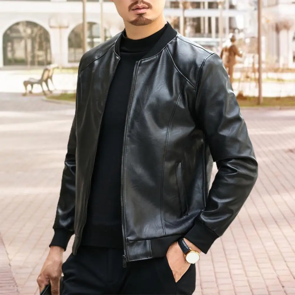

Solid Color Men Jacket Stylish Men's Faux Leather Jacket Warm Stand Collar Zipper Pockets Regular Fit for Autumn Winter Men