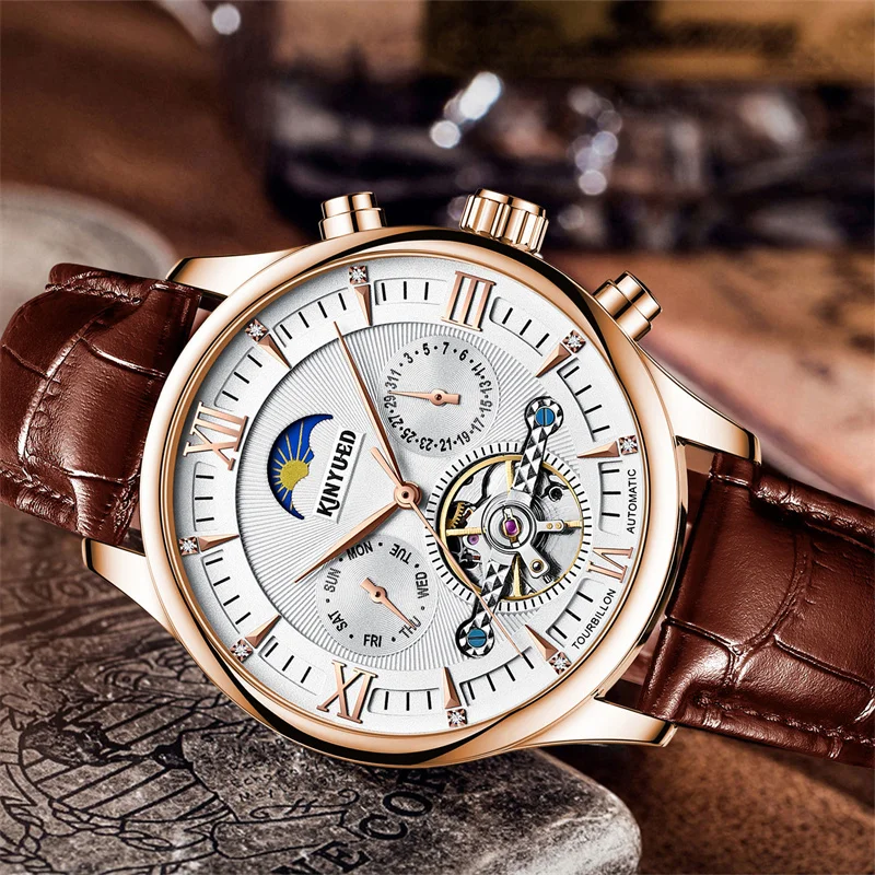 KINYUED Brandneue mechanische Mondphasenuhr für Herren, hohle Tourbillon-Uhren, Wochendatum, Herrenuhr, wasserdicht, automatische Uhren_voghion.com
