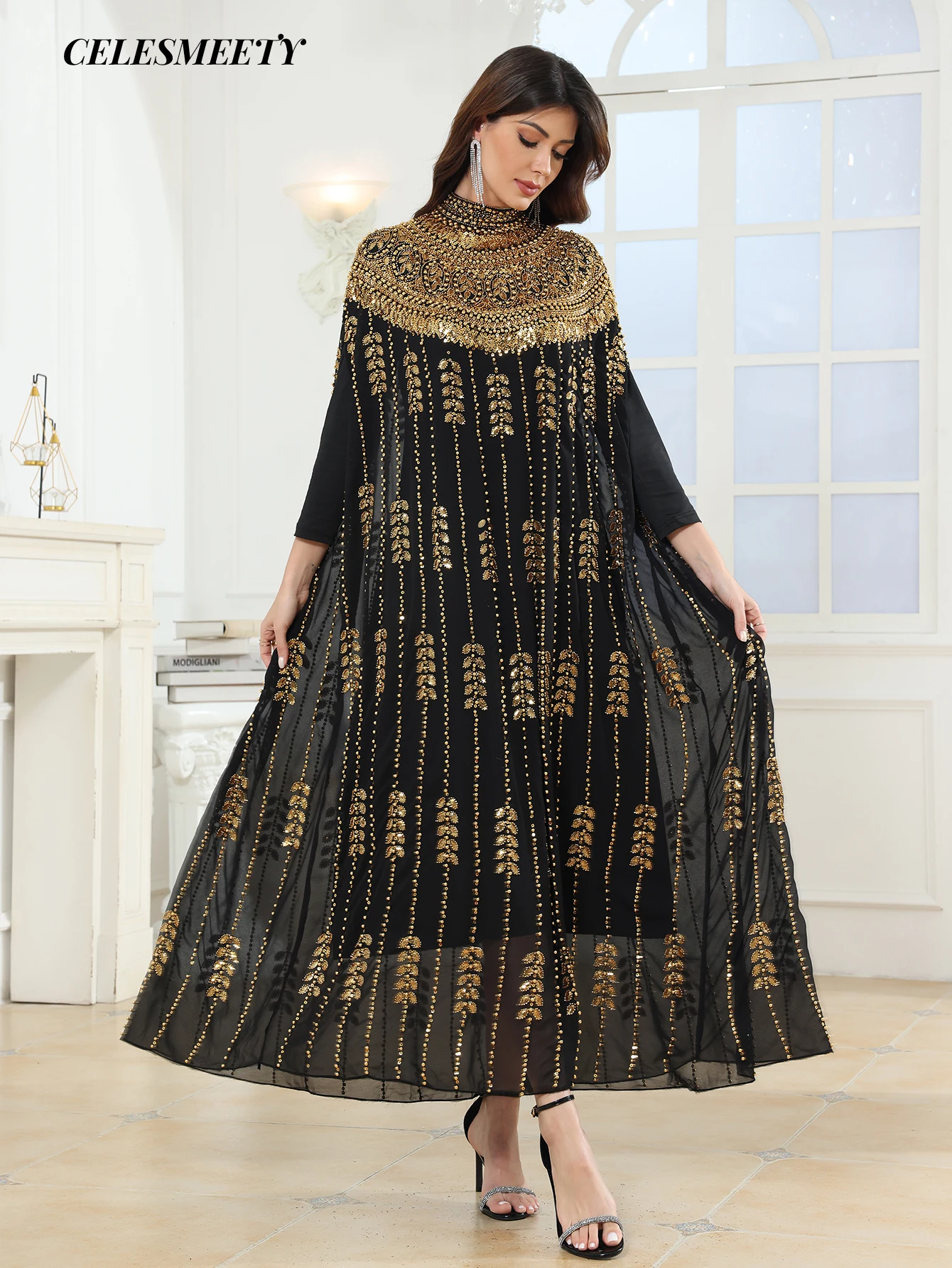 Luxury Women's Royal Black Gold V-Neck Sequin Embroidered Arabian Abaya Cloak Sleeve Dress, Suitable For Parties, Weddings, Fami 4
