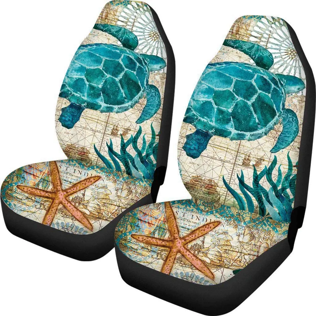 

2 PCS Auto Seat Cover Vintage Turtle Pattern Car Front Seat Covers Universal Fit for SUV Sedan Van