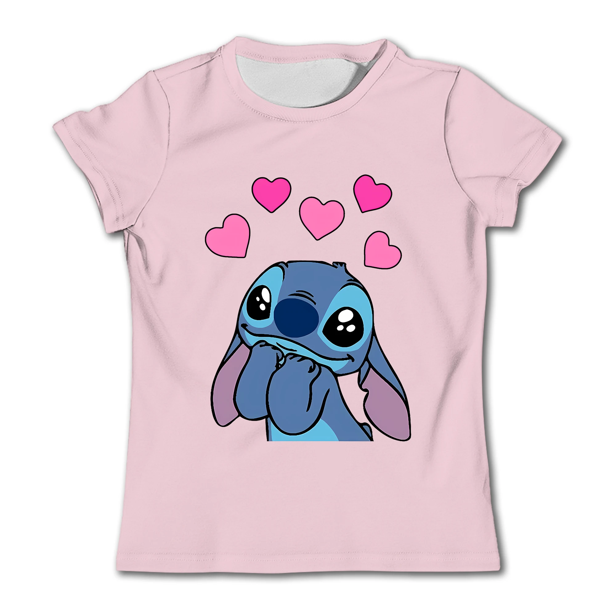 

New Disney Cartoon Pure Cotton Children's Girls T-shirt Short sleeved Disney Stitch Cute Girls Pure Cotton Top T-shirt