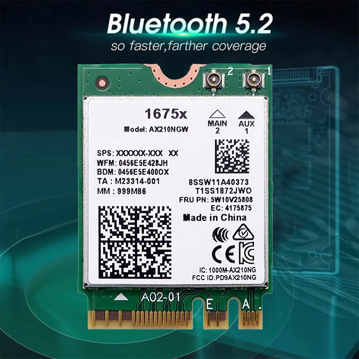 

For Intel 1675X WiFi Card+8DB Antenna Kit AX210NGW AX1675X Wi-Fi 6E 2.4G 5G 6G 5374Mbps BT 5.2 M.2 NGFF WiFi