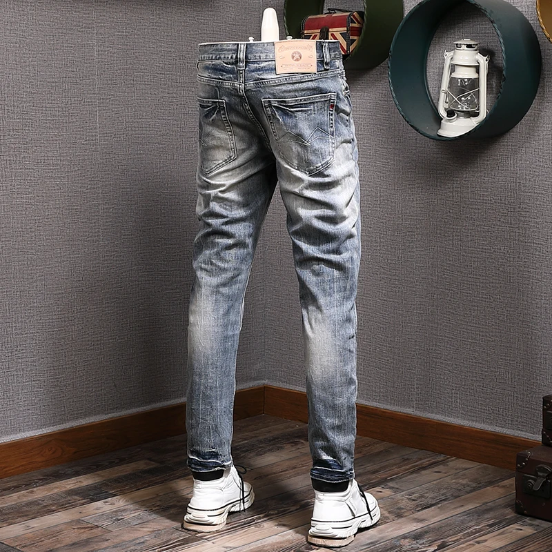 Italian Style Fashion Men Jeans High Quality Retro Blue Elastic Stretch Slim Fit Ripped Jeans Men Vintage Designer Pants Hombre