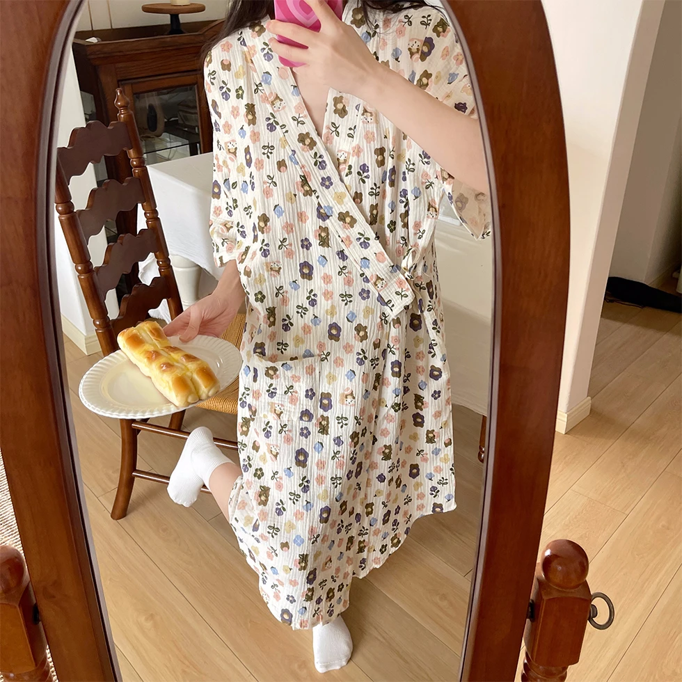 Summer Pure Cotton Gauze Nightdress Women Lace Floral Printed Nightgown Japanese Cotton Kimono Thin Bathrobe Pajamas Nightwear