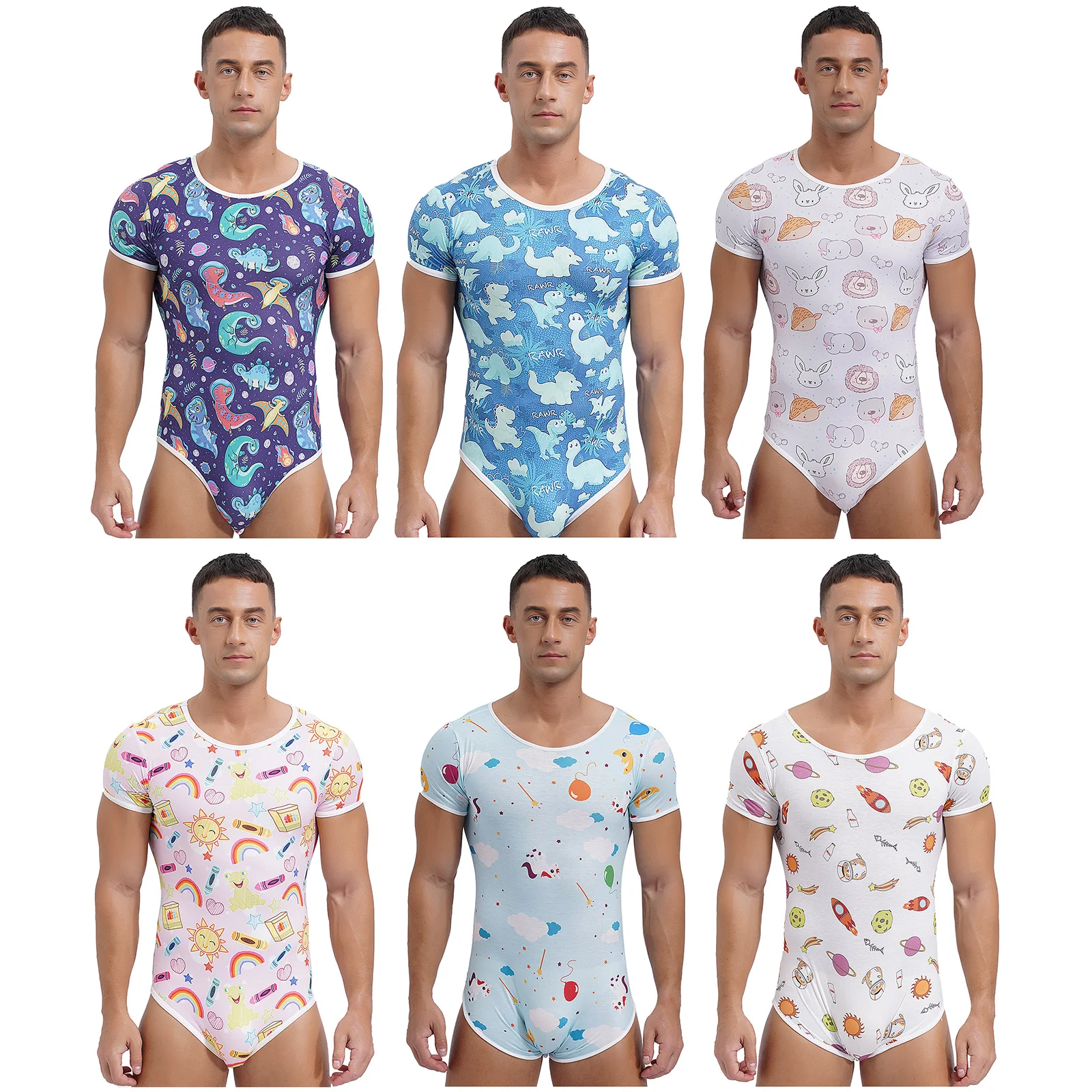 Men One Piece Romper Pajama Bodysuit Leotard Cute Print Diaper Teddy Rompers Unitard Nightwear Tops Pajama Romper Bathing Suit Men Bodysuits