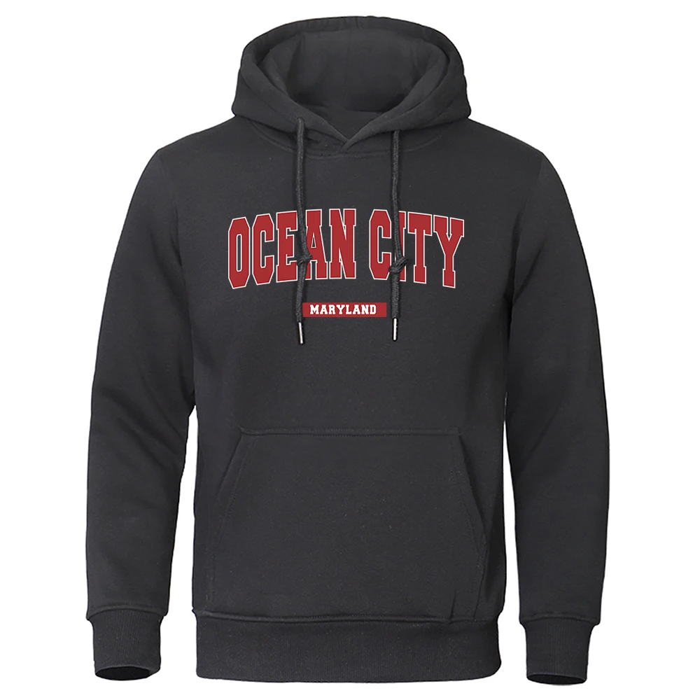 

Ocean City Maryland Street Letter Print Clothing Mens Fashion Loose Hoodies Warm Fleece Sweatshirt Casual Oversized Menswear