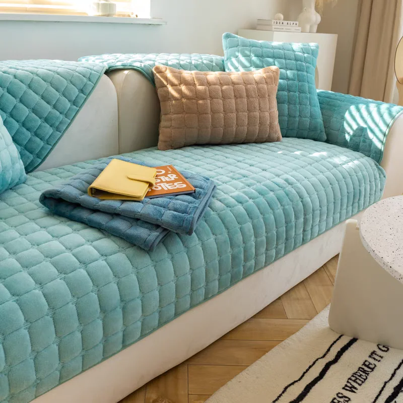 Thickened Flannel Sofa Cushion Simple Plaid Velvet Plush Non-Slip Cushion Leather Dustproof Living Room Sofa Cover Armrest Towel