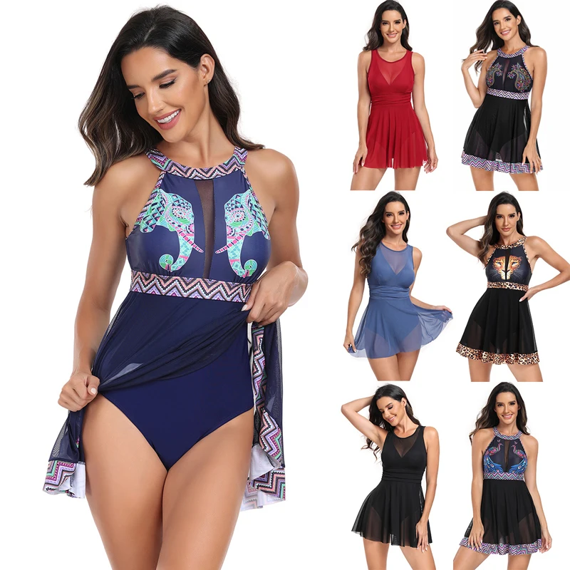 

2024 New One Piece Plus Size High Waist Swimsuit Women Printed Swimwear Female Tankini Swimsuits Mesh Patchwork Bathing Suits
