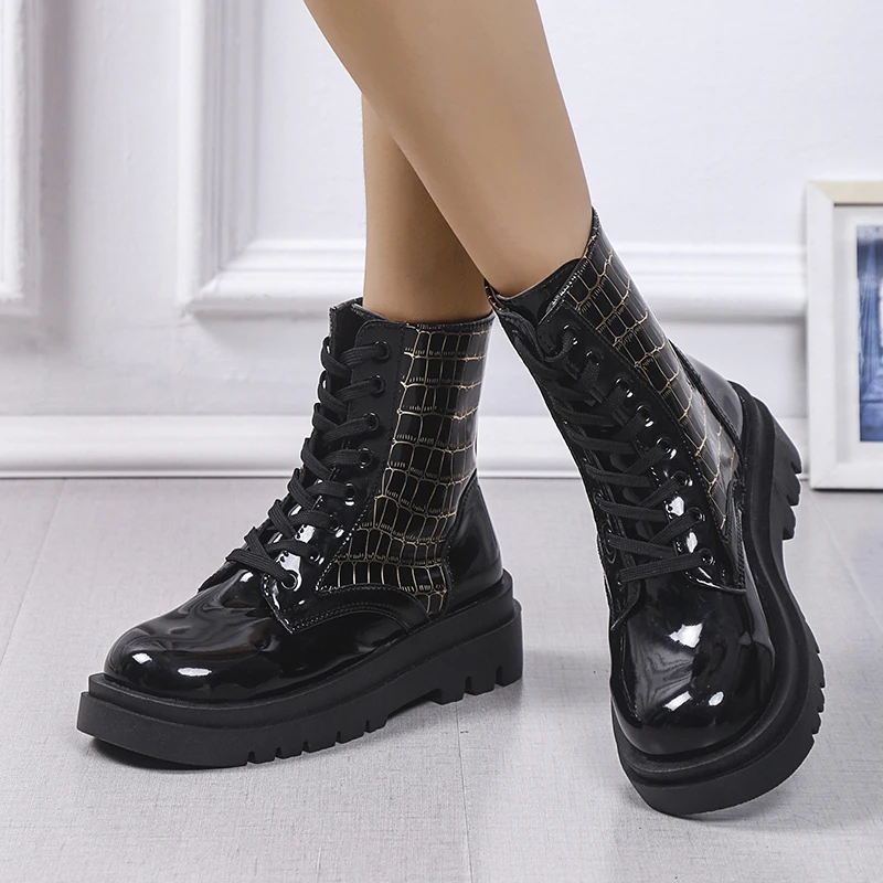 2022 Winter New Shiny Ankle Boots Chelsea Boots Thick-soled Lace-up Gothic Shoes Warm PU Mid-heel Sports Motorcycle - AliExpress