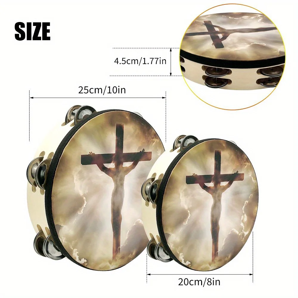 Crucifixion Tambourine Double Row Jingle Hand bell Clap Drum Party Musical Instrument 8/10-inch