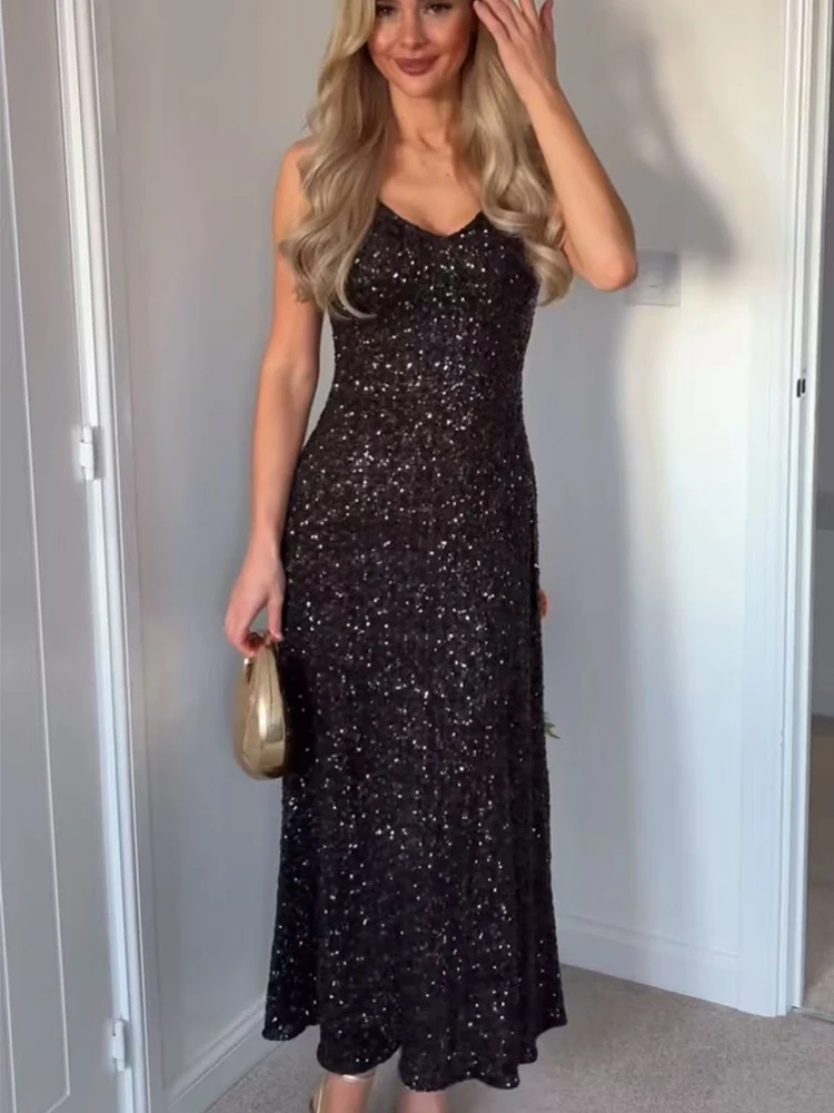 Summer New Women Glitter Sequins Long Dress Fashion Clubwear Sexy Backless Bodycon Strap Midi Dress Elegant Chic Party Clothing