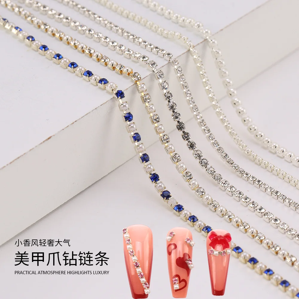 1Pc 25cm 네일 라인 석 Parl 체인 멀티 컬러 스톤 3D 네일 아트 장식 액..