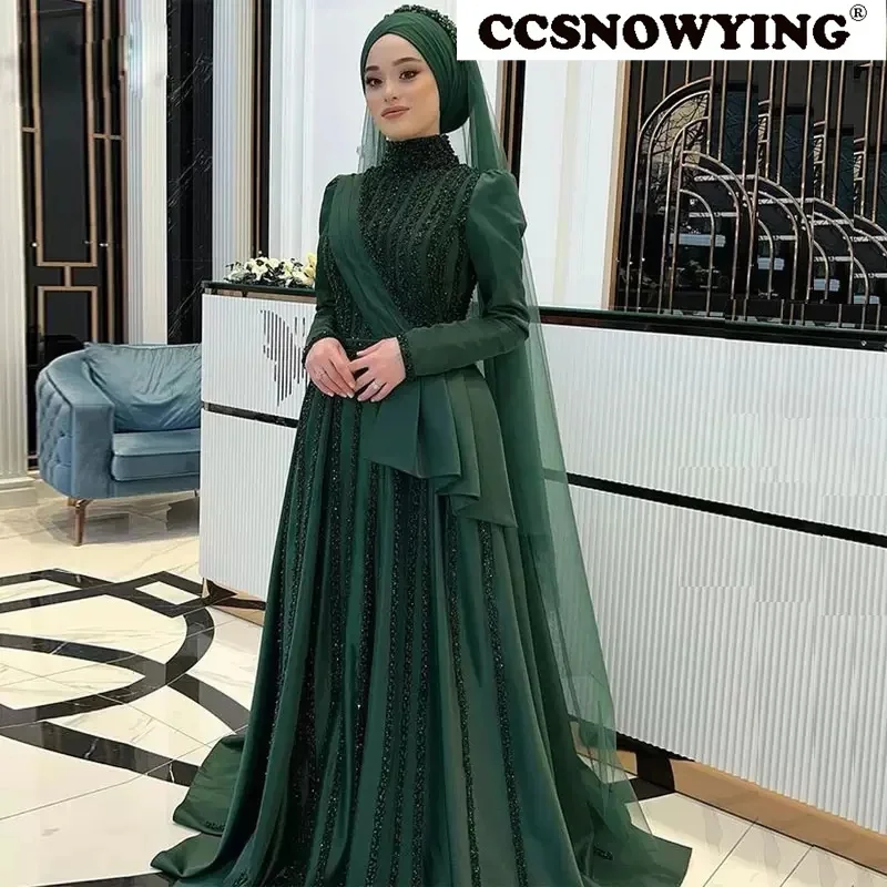 

Satin Appliques Beaded Muslim Evening Dresses Hijab Long Sleeve High Neck Formal Party Gown Moroccan Caftan Robe De Soiree