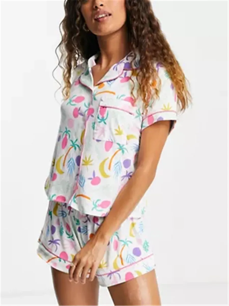 

Женский пижамный комплект из 2 предметов, рубашка с коротким рукавом и отворотами, на пуговицах, с принтом листьев, с шортами, повседневная одежда для сна, одежда для отдыха