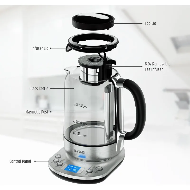 Razorri Electric Tea Maker 1.7L with Automatic Infuser for Tea Brewing, Stainless Steel Glass Kettle, Presets for 5 Types