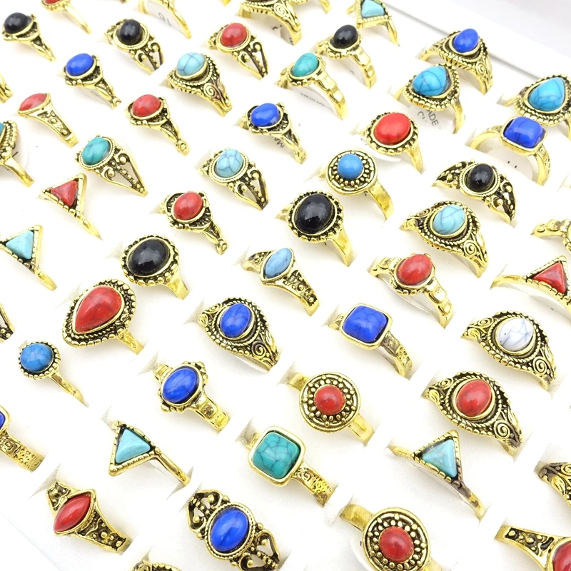50pcs/Lot Vintage Rings For Women Antique Golden Silver Plated Bohemia Stone Ring Party Gift Fashion Accessories Wholesale Lot