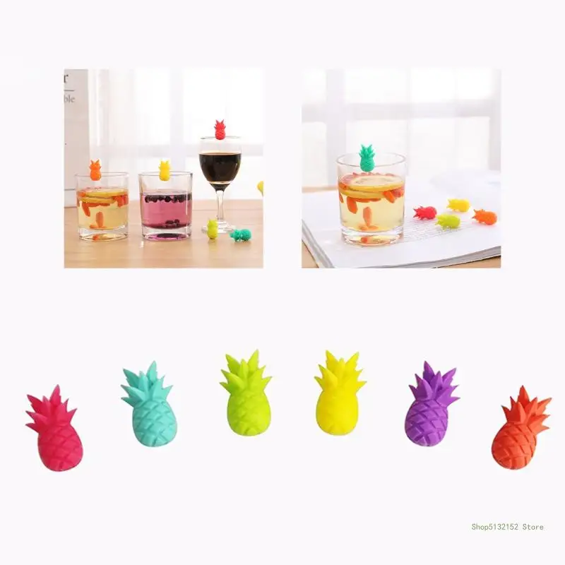 QX2E Wine Glass Markers Set of 6 Pineapple Silicone Drink Glass Tags Identification Cup Labels Signs for Party Bar