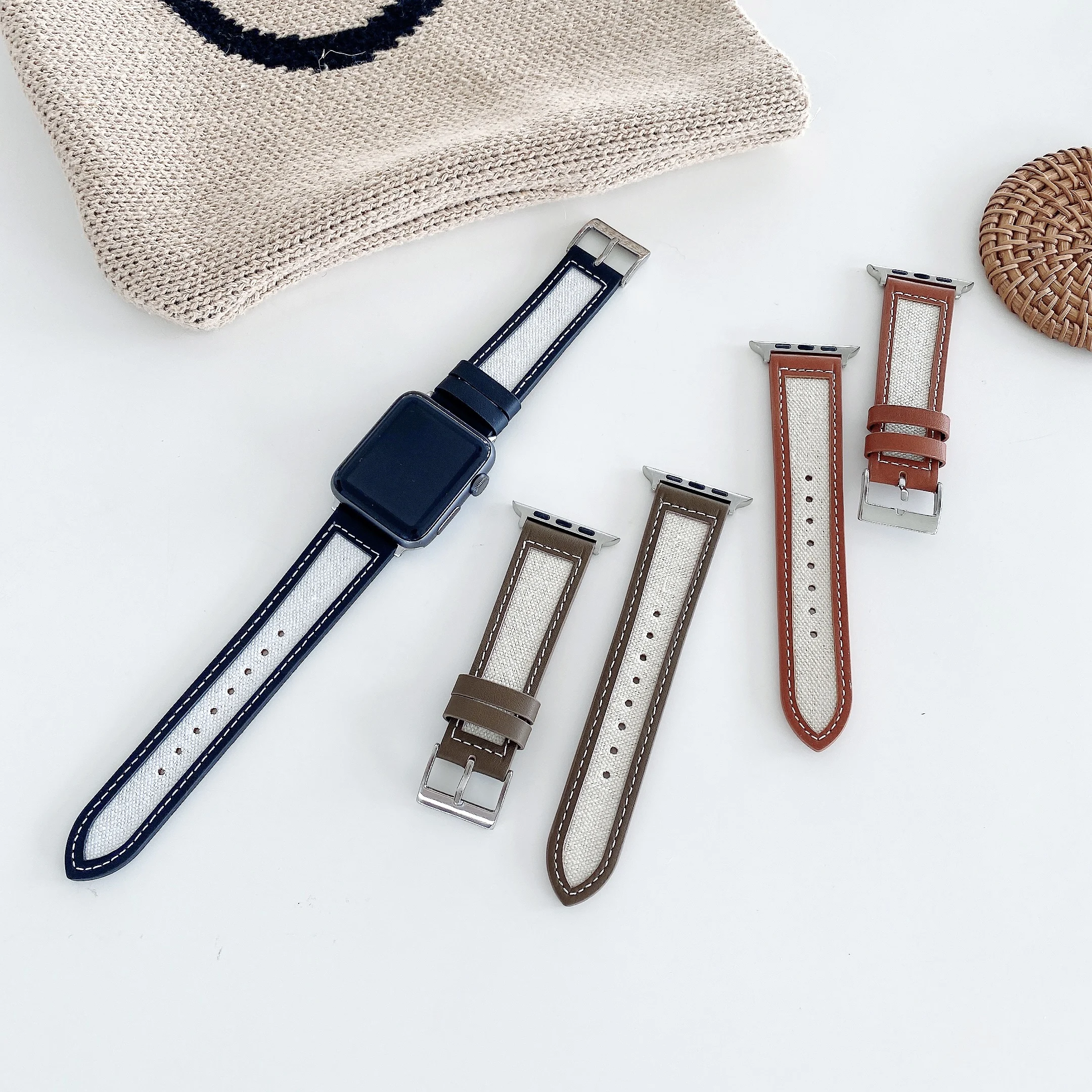 

Leather + nylon strap for Apple watch 7 45mm 41mm 6 5 4 SE 44mm 40mm Replacement bracelet accessories for iWatch 3 2 1 42mm 38mm